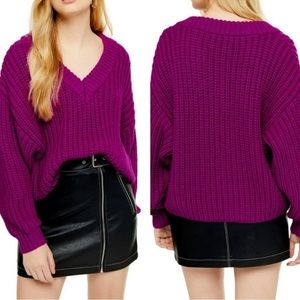 Topshop bright magenta knit chunky oversized v neck sweater S